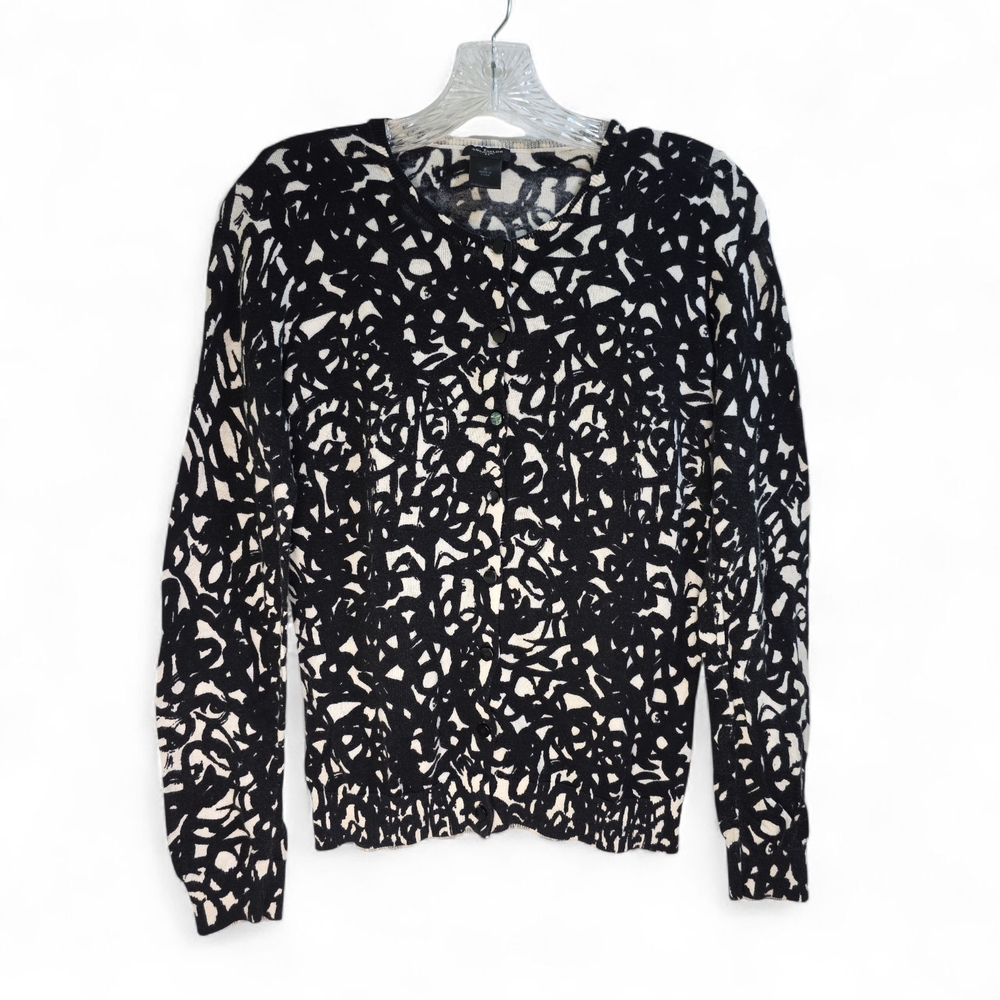 Ann Taylor Black & White Graphic Print‎ Cardigan Crewneck Lightweight Small